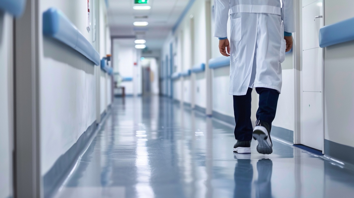 Doctor in white robe walking down the hallway of the hospital